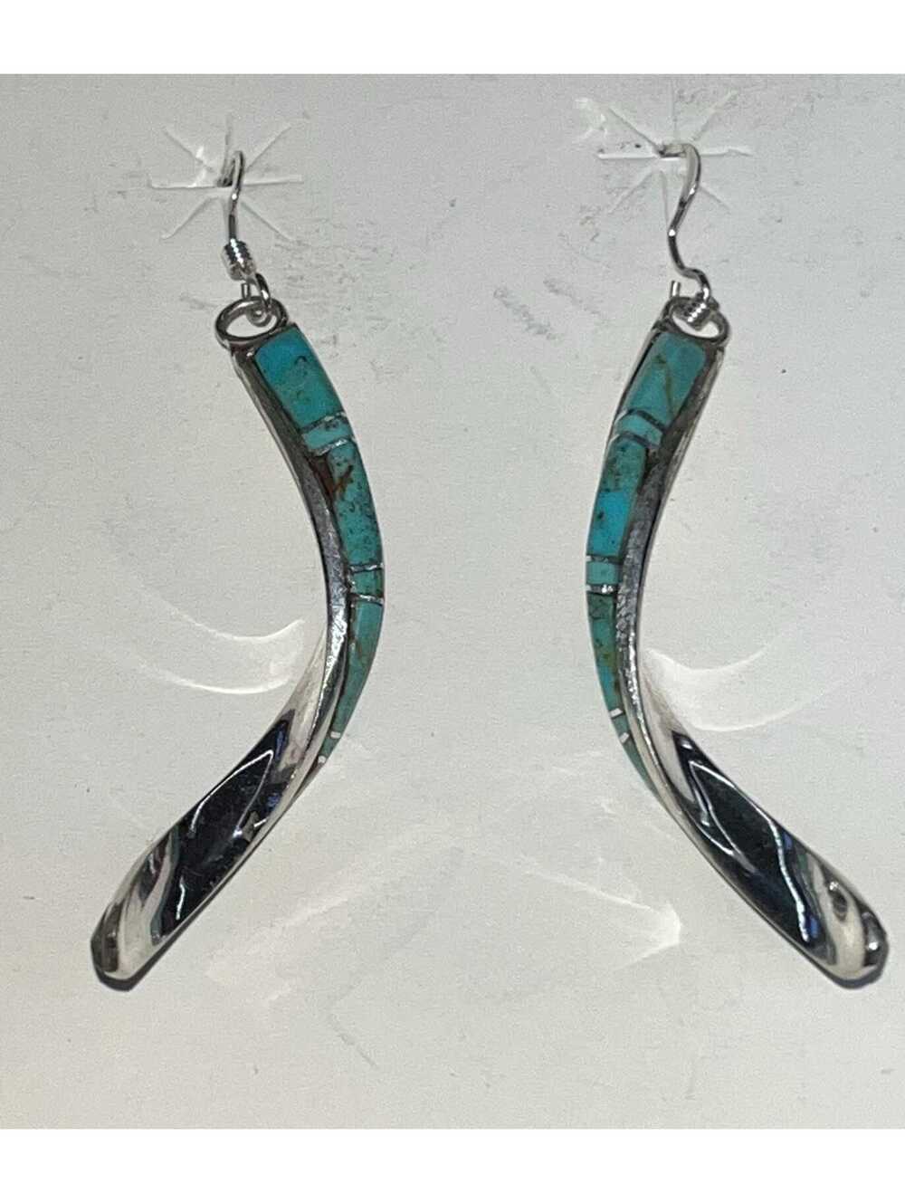 Native American Zuni inlay handmade sterling silver inlay turquoise earrings